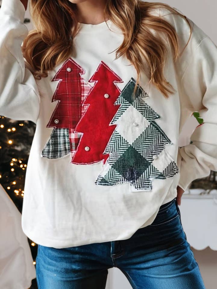 Sweat-shirt à épaules tombantes avec patchs et motif à carreaux perle pour Noël pour la vente par LA Society