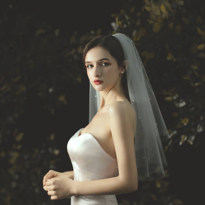 Floris Linens - Wholesale Veil - Women's - Two-Tiered Sheer Bridal Wedding Veil with Scattered Pearls3