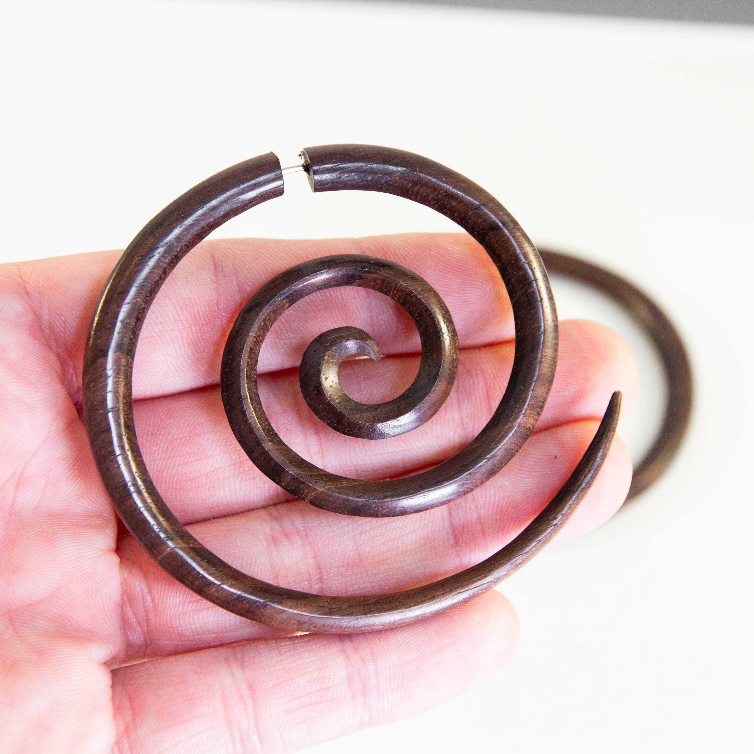 Ajmer by Jodi - Wholesale Dangle Earrings - Large Spiral Light Wood & Dark Wood Faux Gauges~ steel wires13