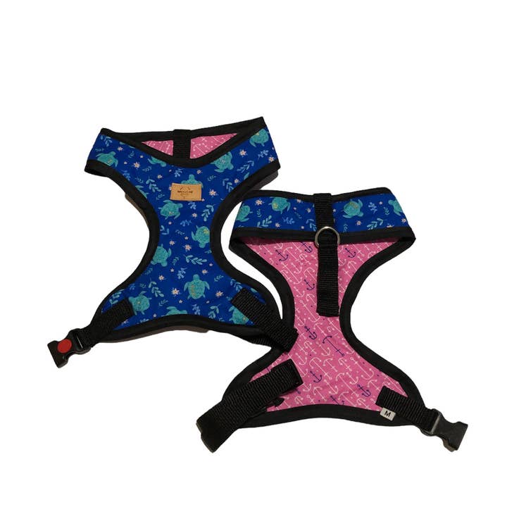 Reversible turtle and pink anchor dog harness for wholesale by Mixnature Collars