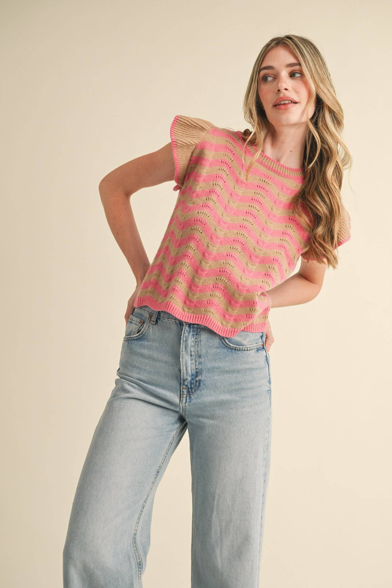 &MERCI - Wholesale Knit Sweater - Women's - WAVY STRIPES FLUTTER SLEEVE SWEATER TOP MSW1050959