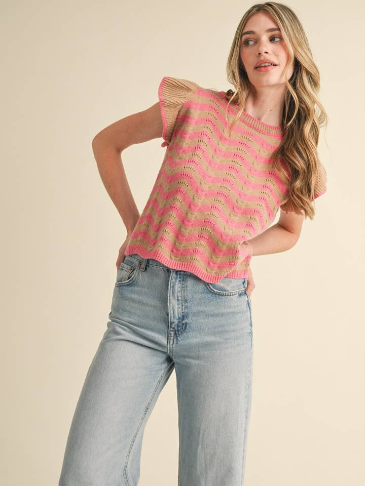 &MERCI - Wholesale Knit Sweater - Women's - WAVY STRIPES FLUTTER SLEEVE SWEATER TOP MSW1050959