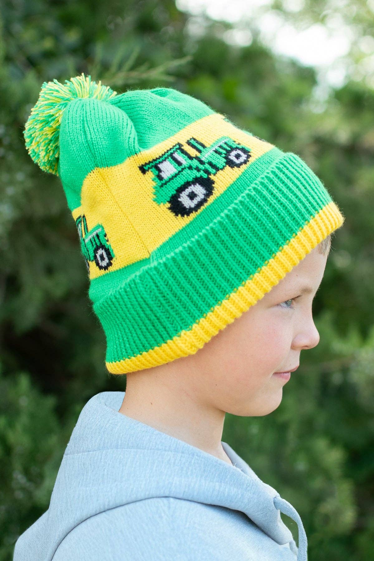 American Farm Company - Wholesale Beanie - Kids - Green Tractor Knit Pom Beanie - Youth2