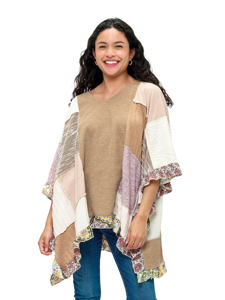 Poncho Boho Vibes Kleurblok Gerimpelde Zoom voor wholesale door Yak & Yeti