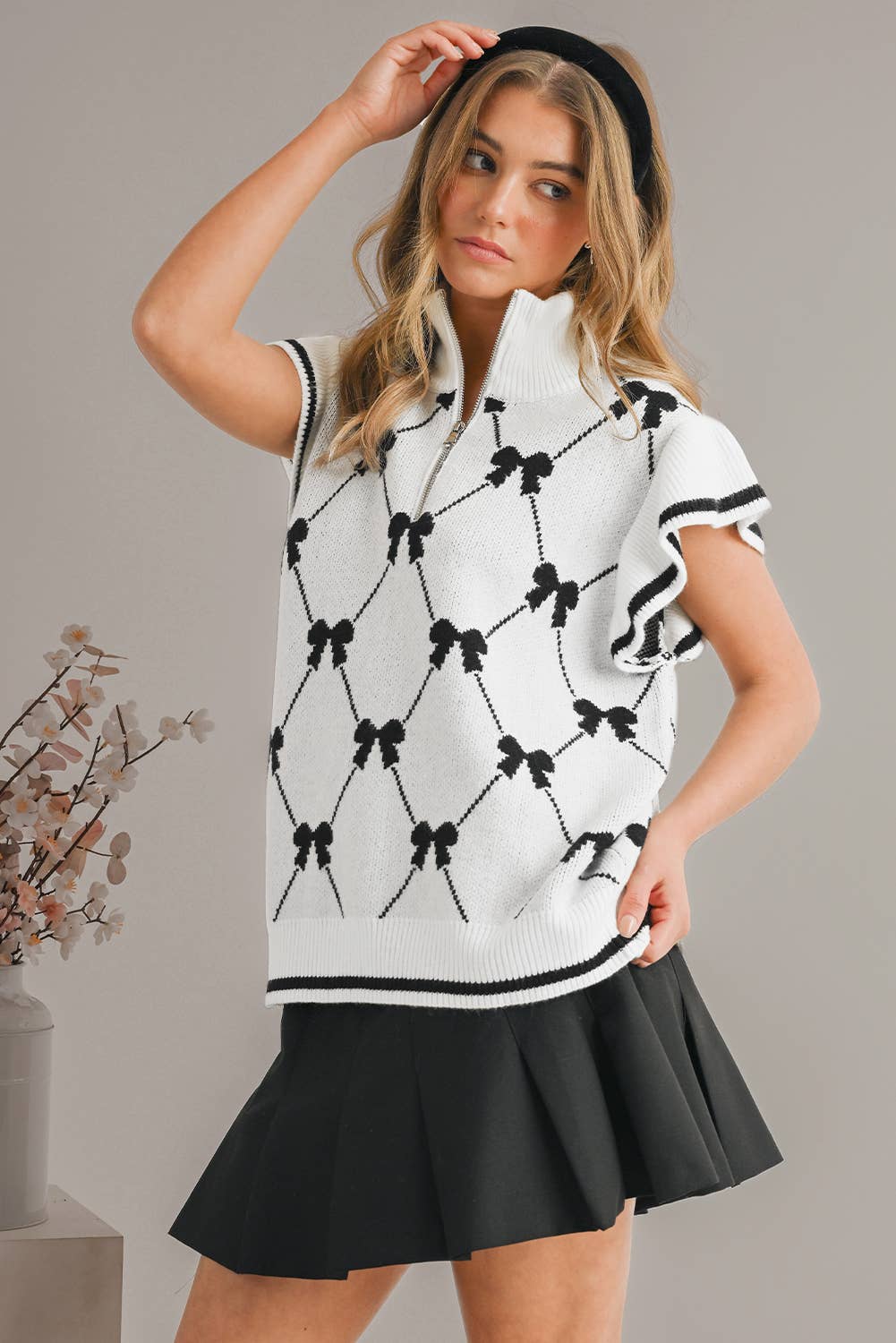 Aapparella - Wholesale Knit Sweater - Women's - Bow Checkered Print Zipper Front Ruffled Sweater | S-XL4