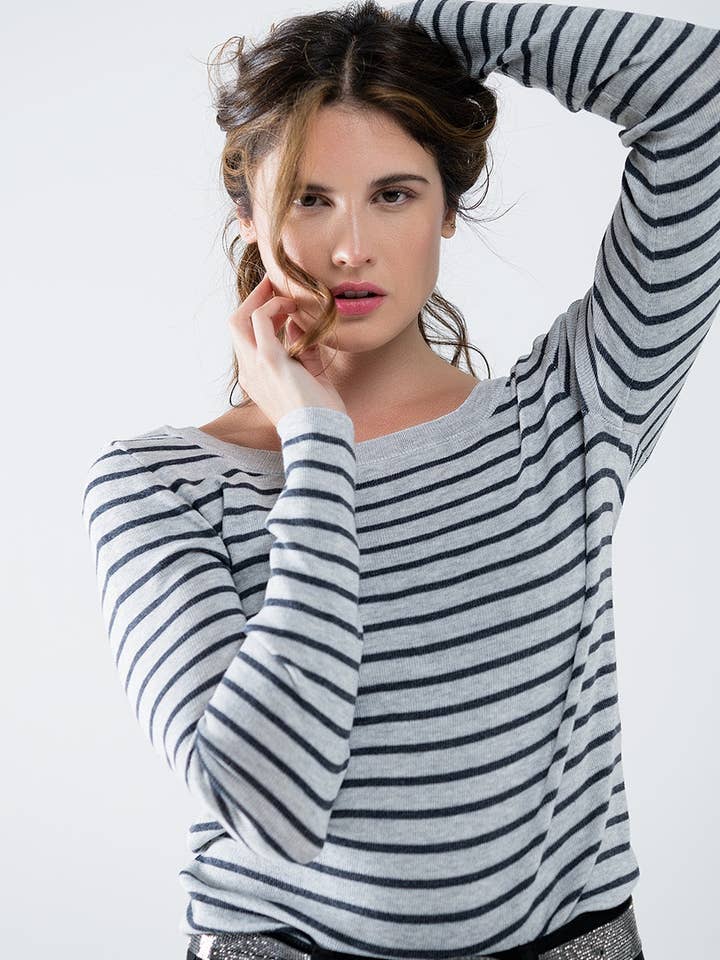 Grey striped fine knit sweater with boat neck for wholesale by Q2—All Orders:Free Duties for the US,UK,and Canada