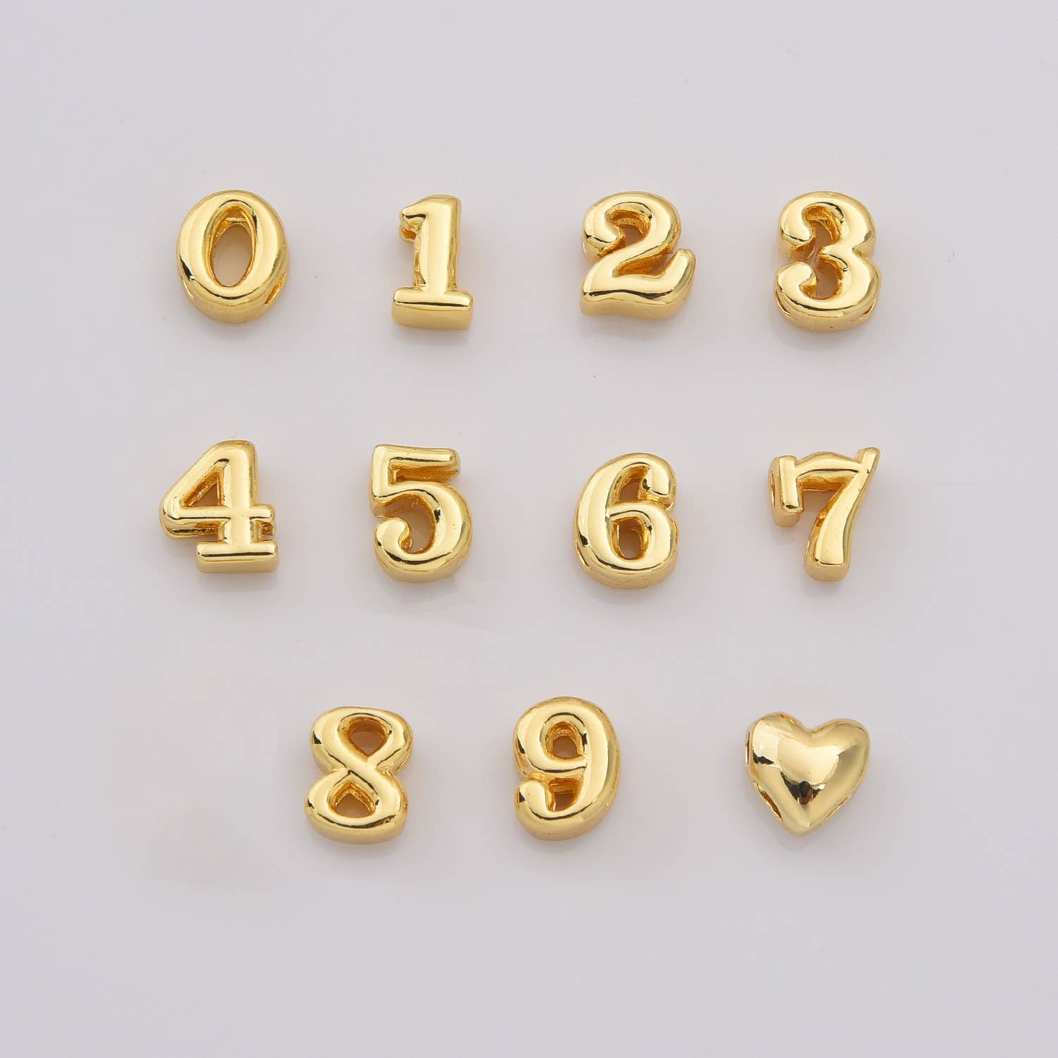 Beads Creation - Wholesale Individual Charm/Pendant - Gold Filled Balloon Number Beads 0–9 with Heart, BD1750