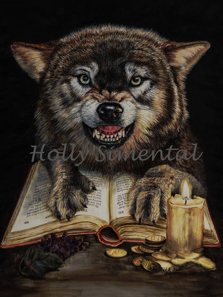 Livre de loup Bougie Aquarelle Impression d'archives signée pour la vente par Holly Simental