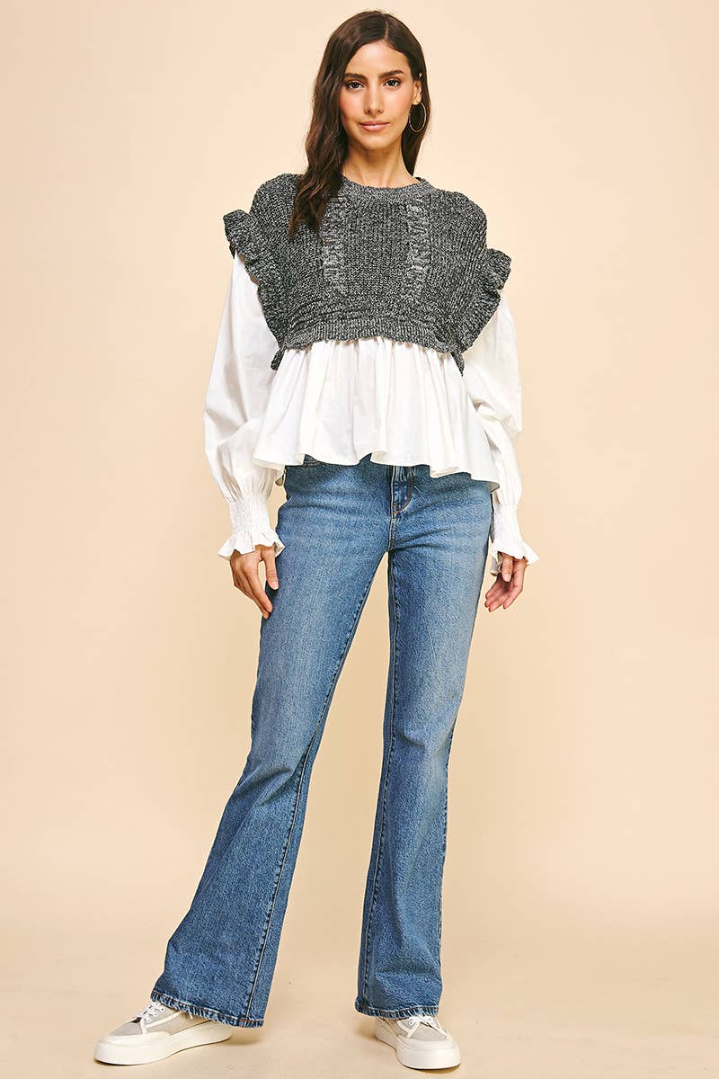 PINCH - Wholesale Blouse - Women's - WOVEN KNIT COMBO BLOUSE - 4974T (GREY)6