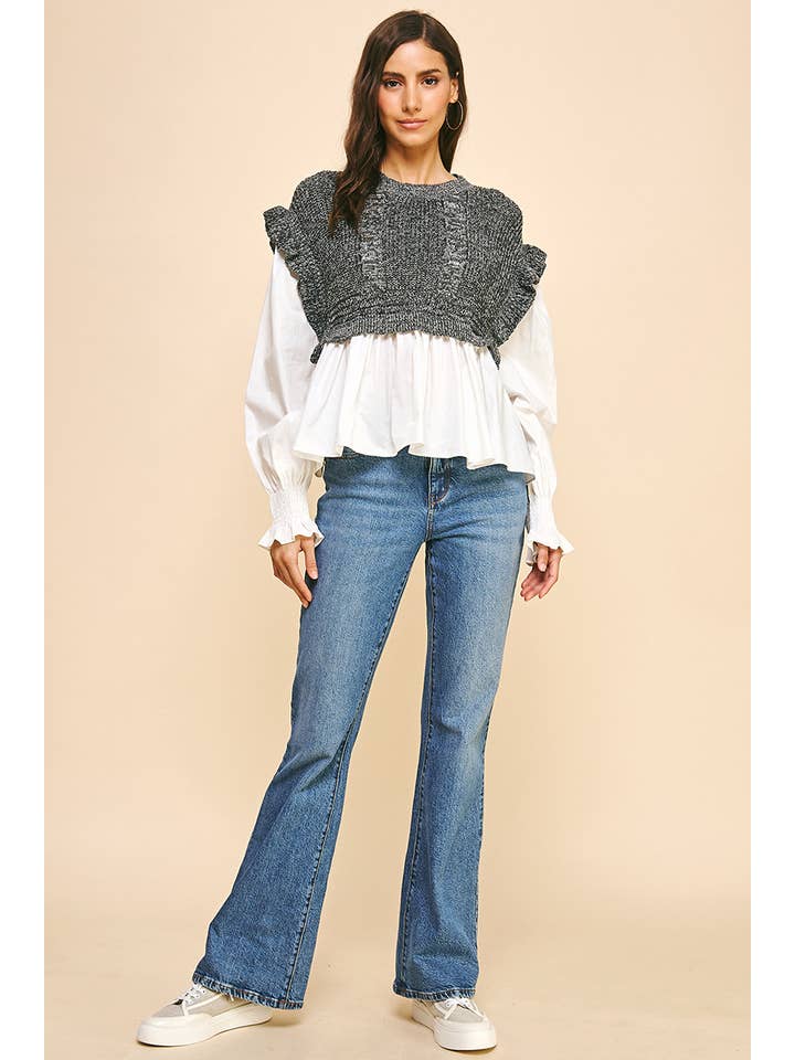 PINCH - Wholesale Blouse - Women's - WOVEN KNIT COMBO BLOUSE - 4974T5