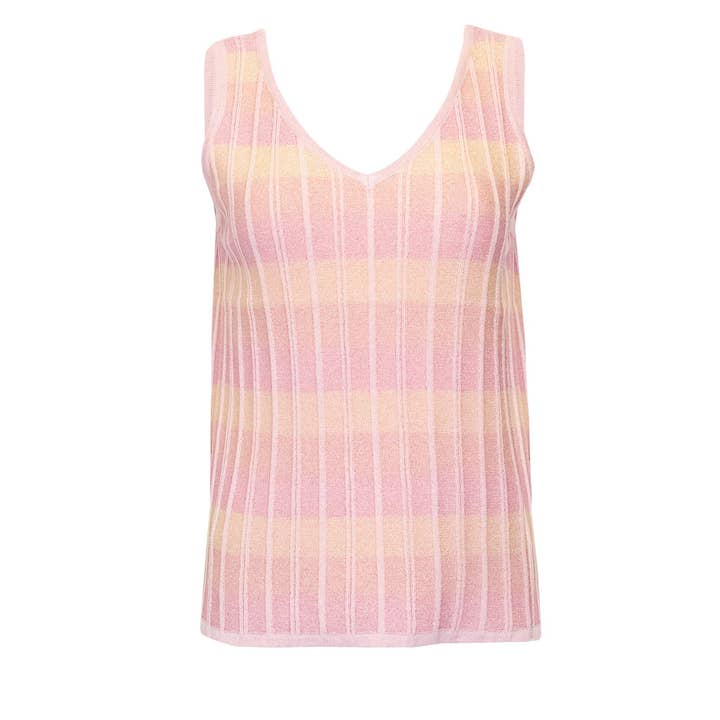 STRIPED V NECK TOP IN RIBBED KNIT PINK for wholesale by Ruth Erotokritou Knitwear