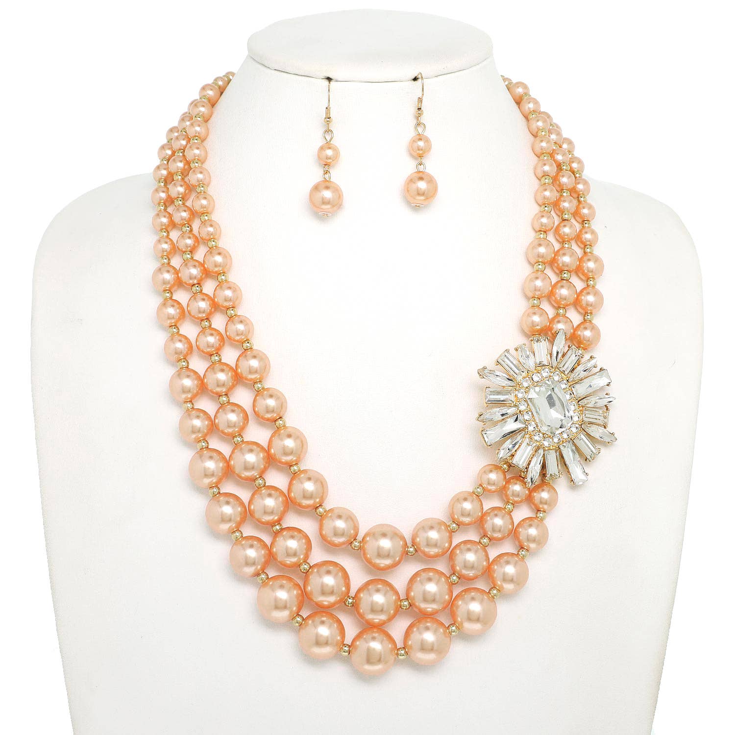 SP Sophia Collection - Wholesale Jewelry Set - 3 Line Gemstone Floral Brooch Pearl Pearl Necklace Set0