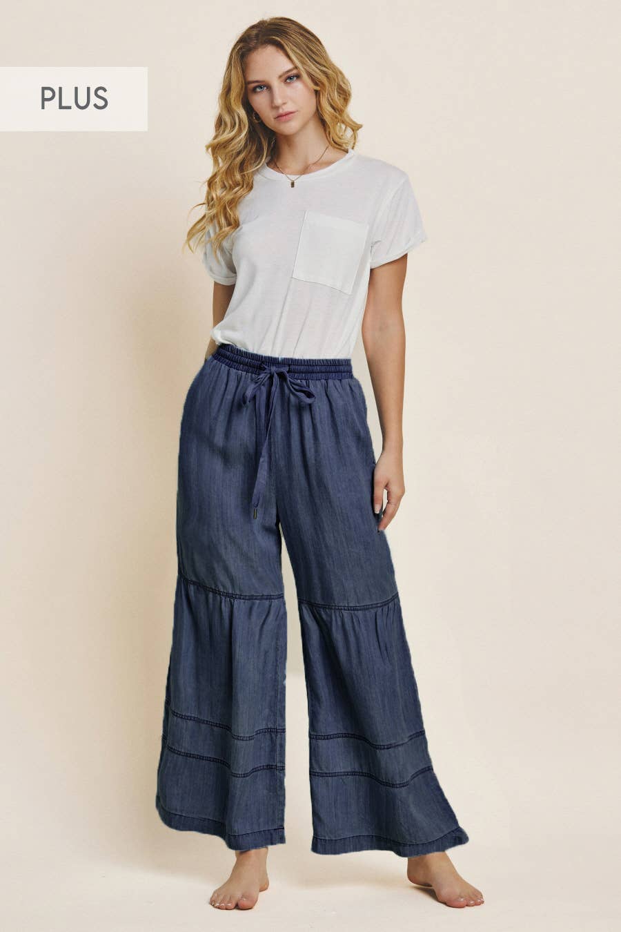 Oddi - Wholesale Jeans - Women's - Plus Washed Denim Tiered Wide Leg Pants5