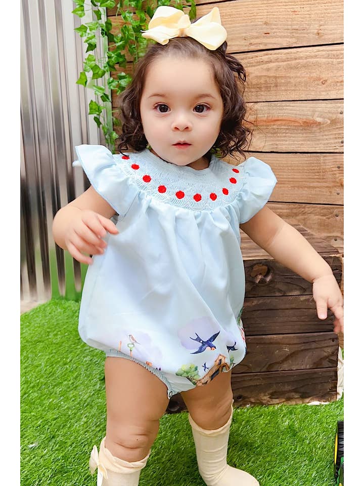 Kids Charm Online - Wholesale Jumpsuit - Baby - BABY BLUE SMOCKED BABY ROMPER W/FARM PRINT. RPG251523020-AMY