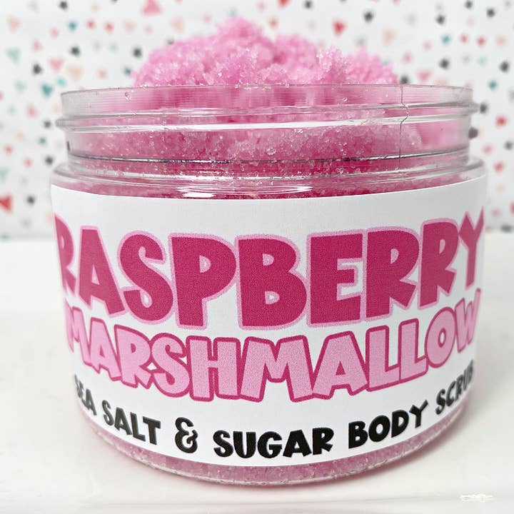 Gommage pour le corps au sel de mer, sucre, framboise et guimauve pour la vente par The Little Bubble