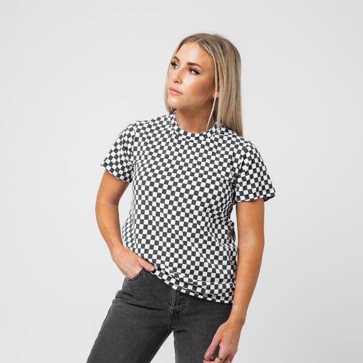 RAGS - Wholesale T-shirt – women's - Adult Unisex Tee - Black & White Mini Check