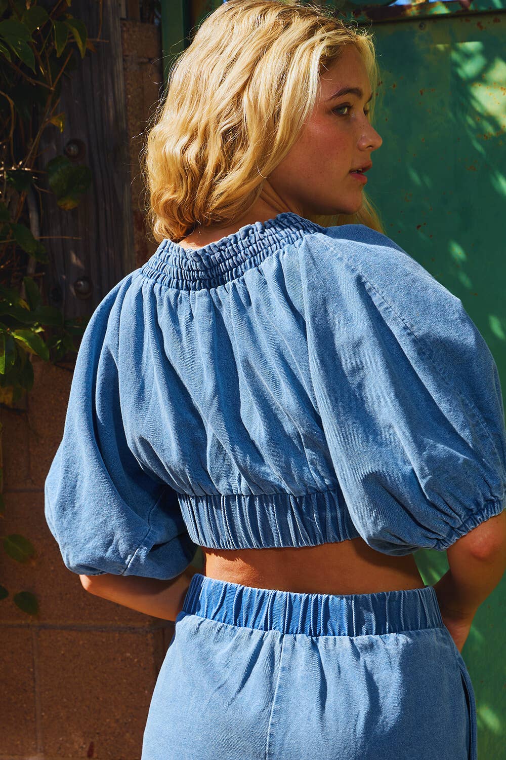 IT2266C Smocked Ruffle V-neck Crop Top Denim Blouse for wholesale on Faire1