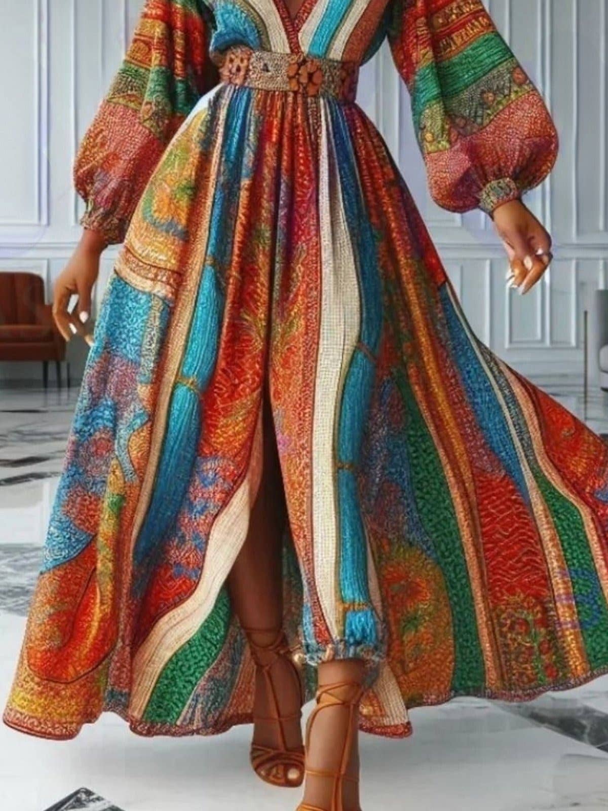 ROUGE Robe longue maxi à manches ballon et décolleté plongeant avec imprimé ethnique en vente sur Faire2