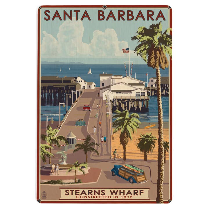 CARTE POSTALE EN BOIS Santa Barbara, Californie, Stern's Wharf pour la vente par Lantern Press
