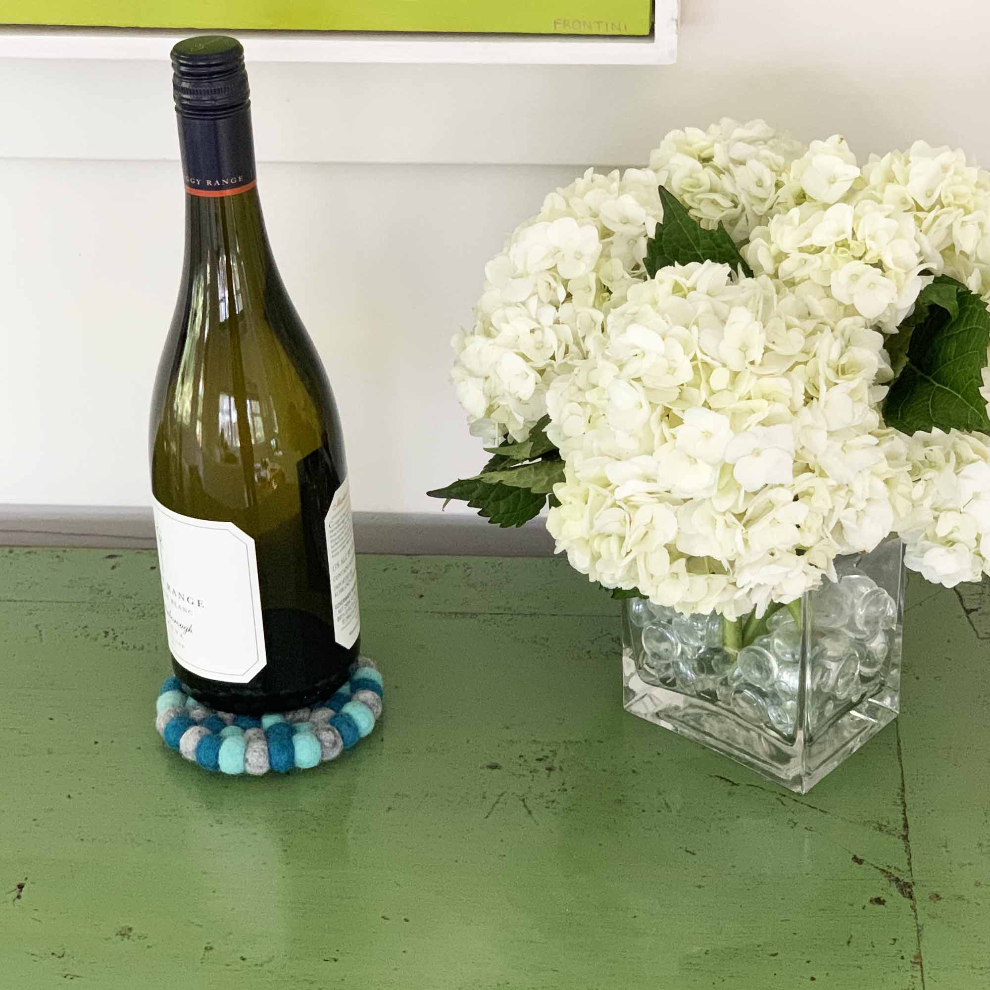 Global Crafts - Wholesale Coasters - Throat Chakra Blue Felt Ball Coasters - Set of 41