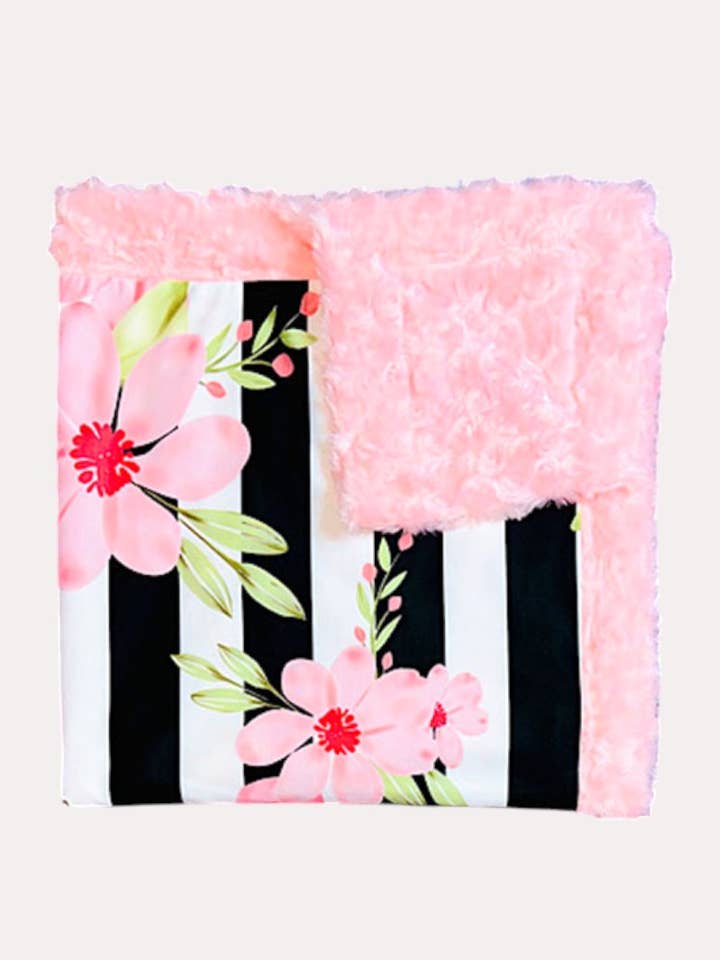 Black/white stripes floral print minky baby blanket for wholesale by luluclothes