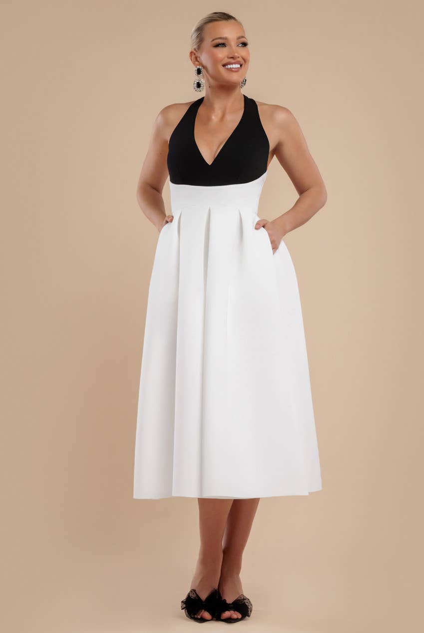 Goddiva - Wholesale Dress - Women's - Goddiva Contrast Halter Neck Pleated A-Line Midaxi  DR46304