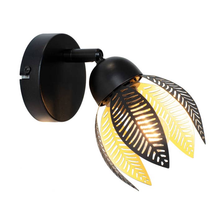 Applique da parete Vesca in metallo nero e oro con motivi traforati per la vendita all'ingrosso da parte di C-Création