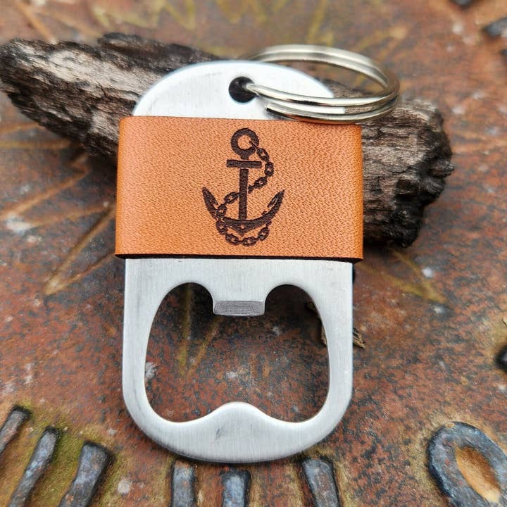 Anchor Leather wrapped Bottle opener key chain for wholesale by Bella Blue Art Studio