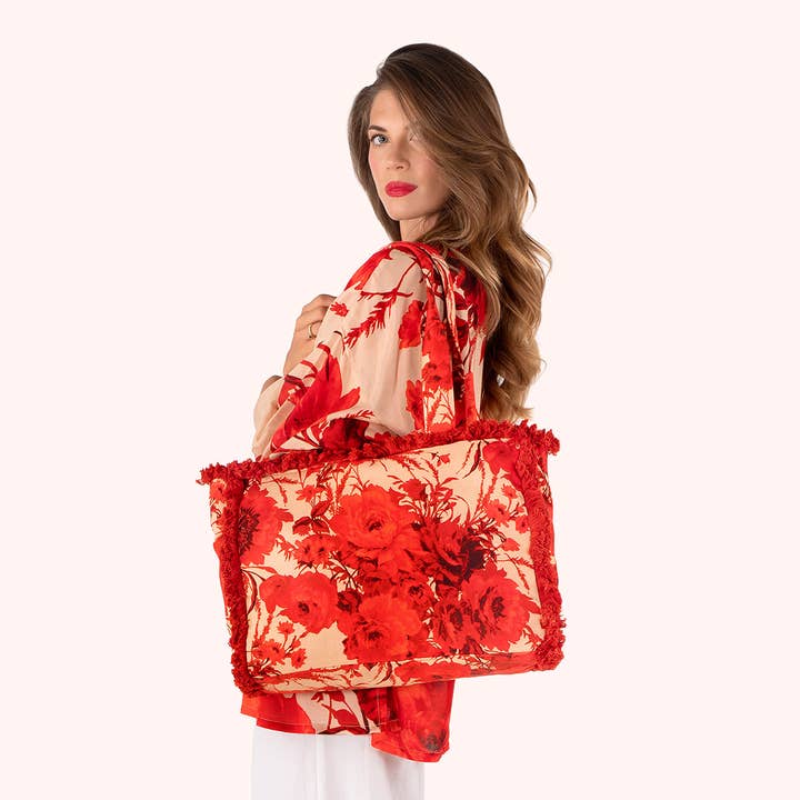 *SS26* Frynset Box Tote - Rouge Blooms for engroshandel hos Powder Design - Europe