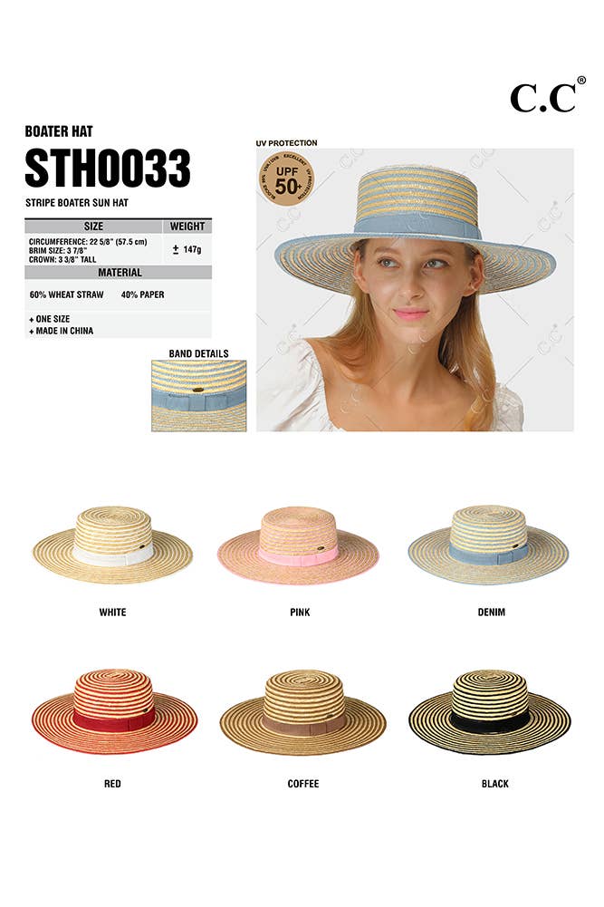Hana - Wholesale Straw Hat - Women's - C.C Stripe Pattern Straw Boater Sun Hat4