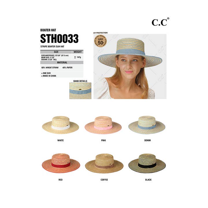 Hana - Wholesale Straw Hat - Women's - C.C Stripe Pattern Straw Boater Sun Hat4