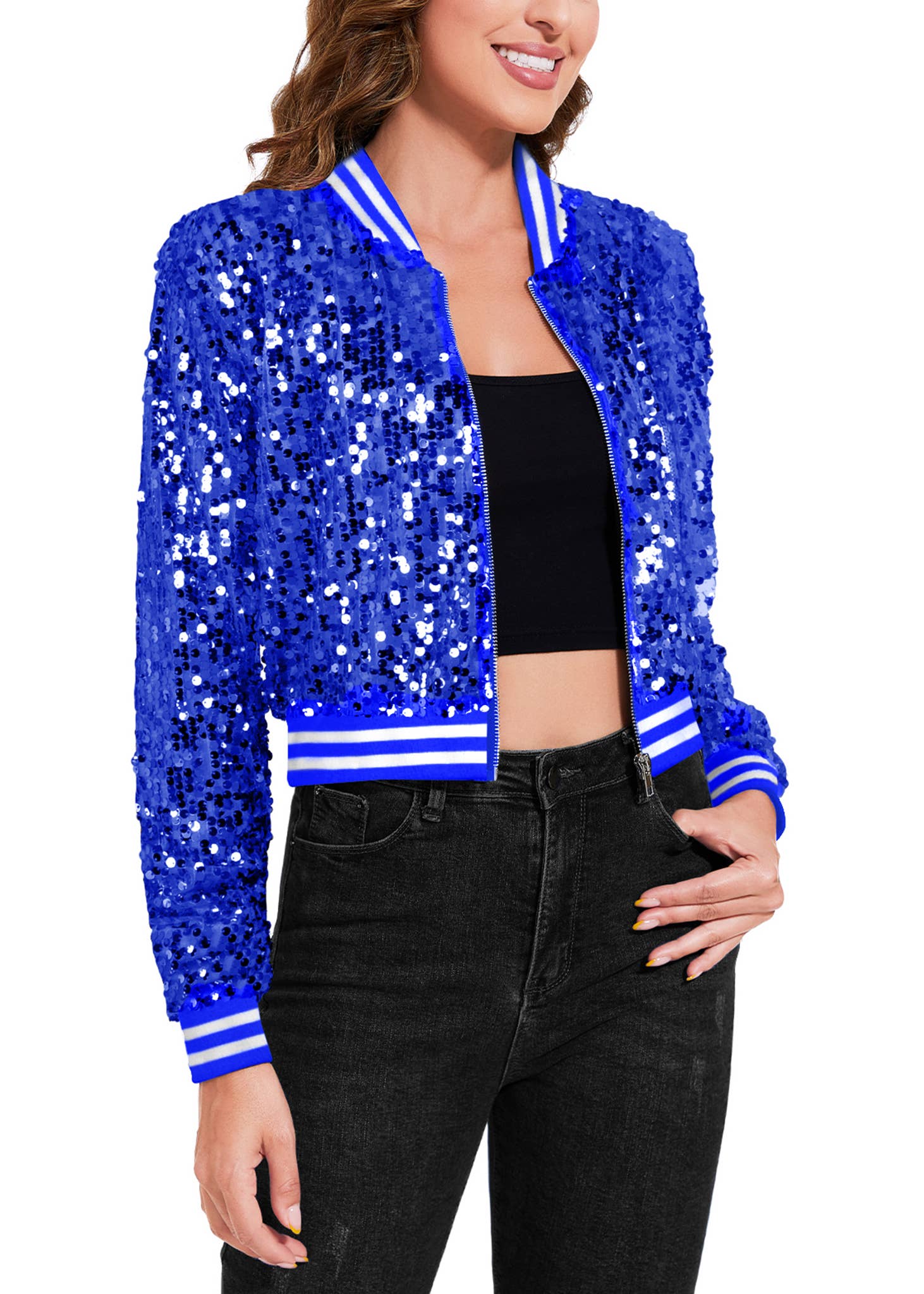 Anna Kaci Wholesale – wholesale Bomber jacket – Women’s – Sequin Bomber Jacket with Striped Ribbed Trim and Zip Front27