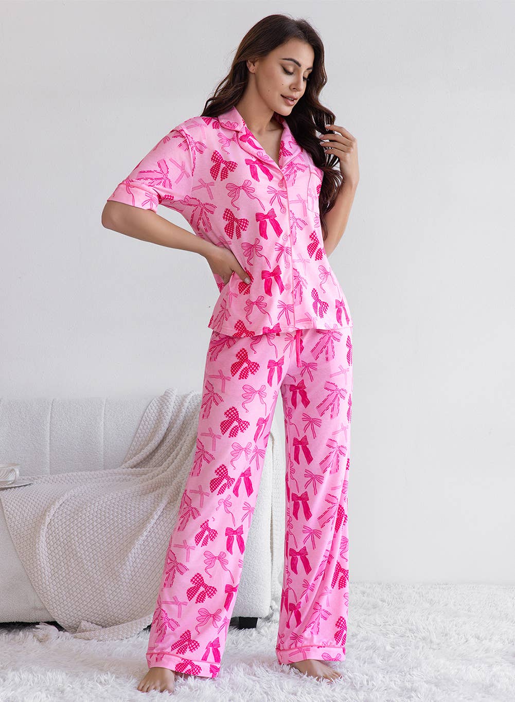 Pink Bow Knot Print Short Sleeve Top and Pants Pajamas Set for wholesale on Faire2