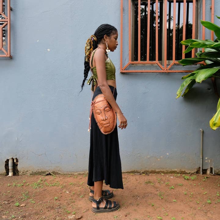 BATIK BOUTIK – wholesale Crossbody bag – Women's – BROWN LEATHER BAG AFRICAN MASK HOME DECOR ACCESSORY GENUINE LEATHER GIFT6