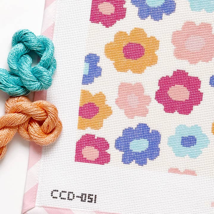 Cotswold Co Designs - Wholesale Embroidery/Cross Stitch Supplies - Retro Flower Pillow Needlepoint Canvas | Hand-Painted 13 Mesh | 8.5” x 8.5” Design on 12” x 12” Canvas | Ready to Ship12