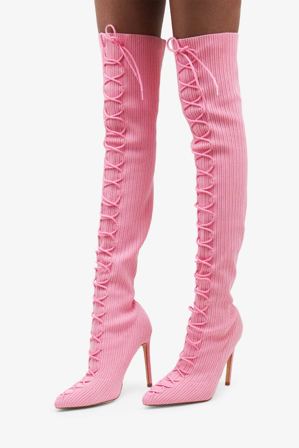 Lemonade Shoes – Botas - Mulher por atacado – ZERI - Bota rosa de tricô tipo meia, acima do joelho com cadarço1