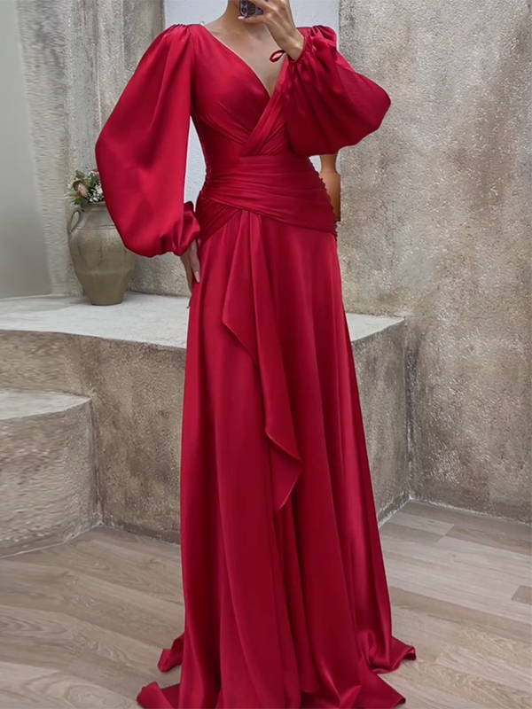 FurDecoration - Wholesale Gown - Women's - Look-Thin Pleated Solid Color V-Cut Long Sleeves Maxi Dresses8