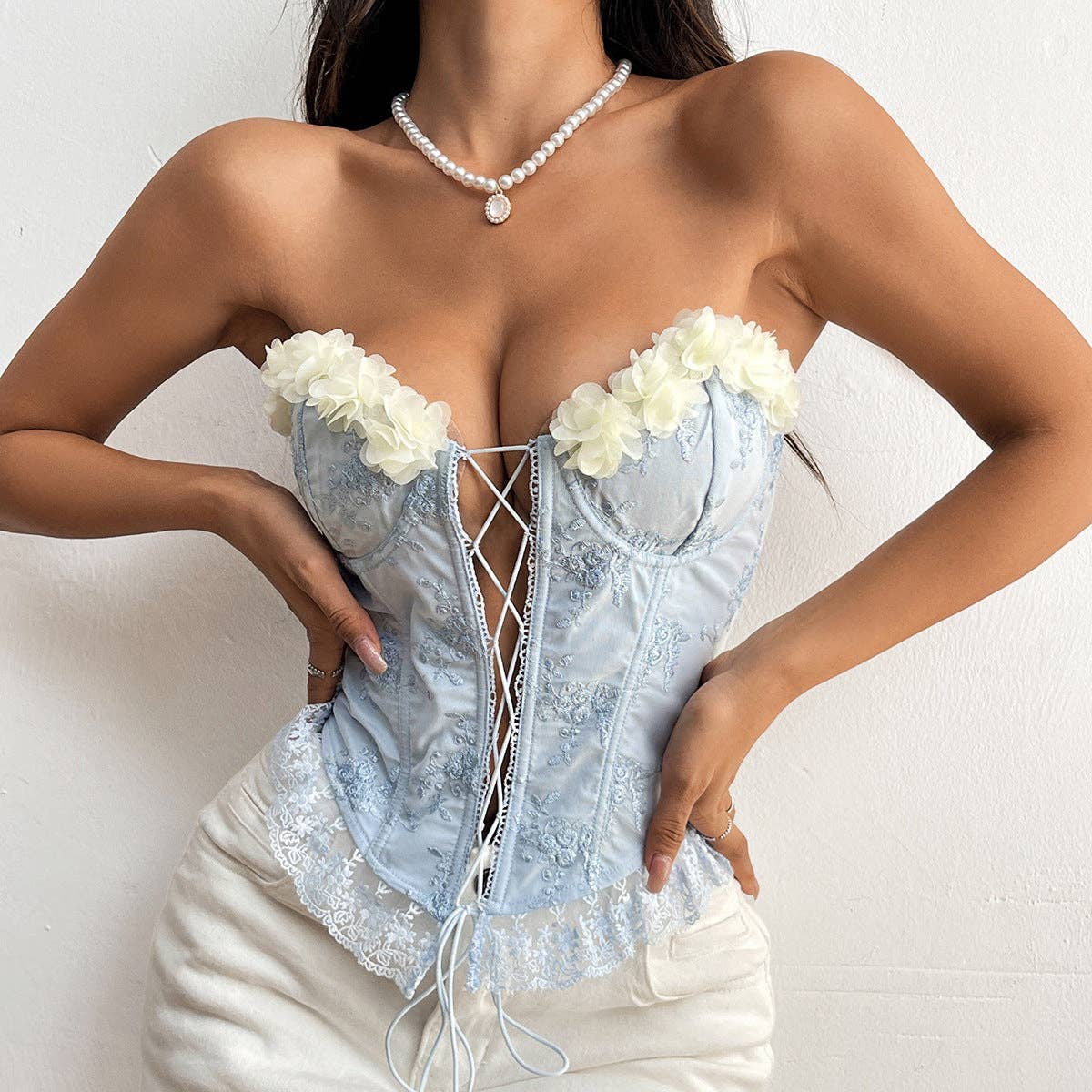 Marayn - Wholesale Corset - Women's - Lace Corset Top with Floral Embroidery  Ties26