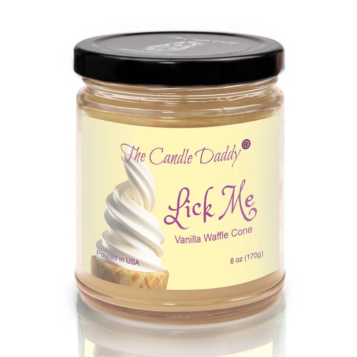 LICK ME - VANILLA WAFFLE CONE SCENTED - FUNNY 6OZ JAR CANDLE for wholesale by The Candle Daddy