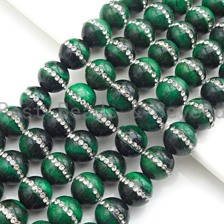 BestBeads&Beyond – Engroshandel Perler – Høj kvalitet Grøn Tiger Eye med Rhinestone indlagt, 6mm/8mm/10mm/12mm/14mm, Tiger øje Perler, 15,5" Fuld streng, SKU #V52