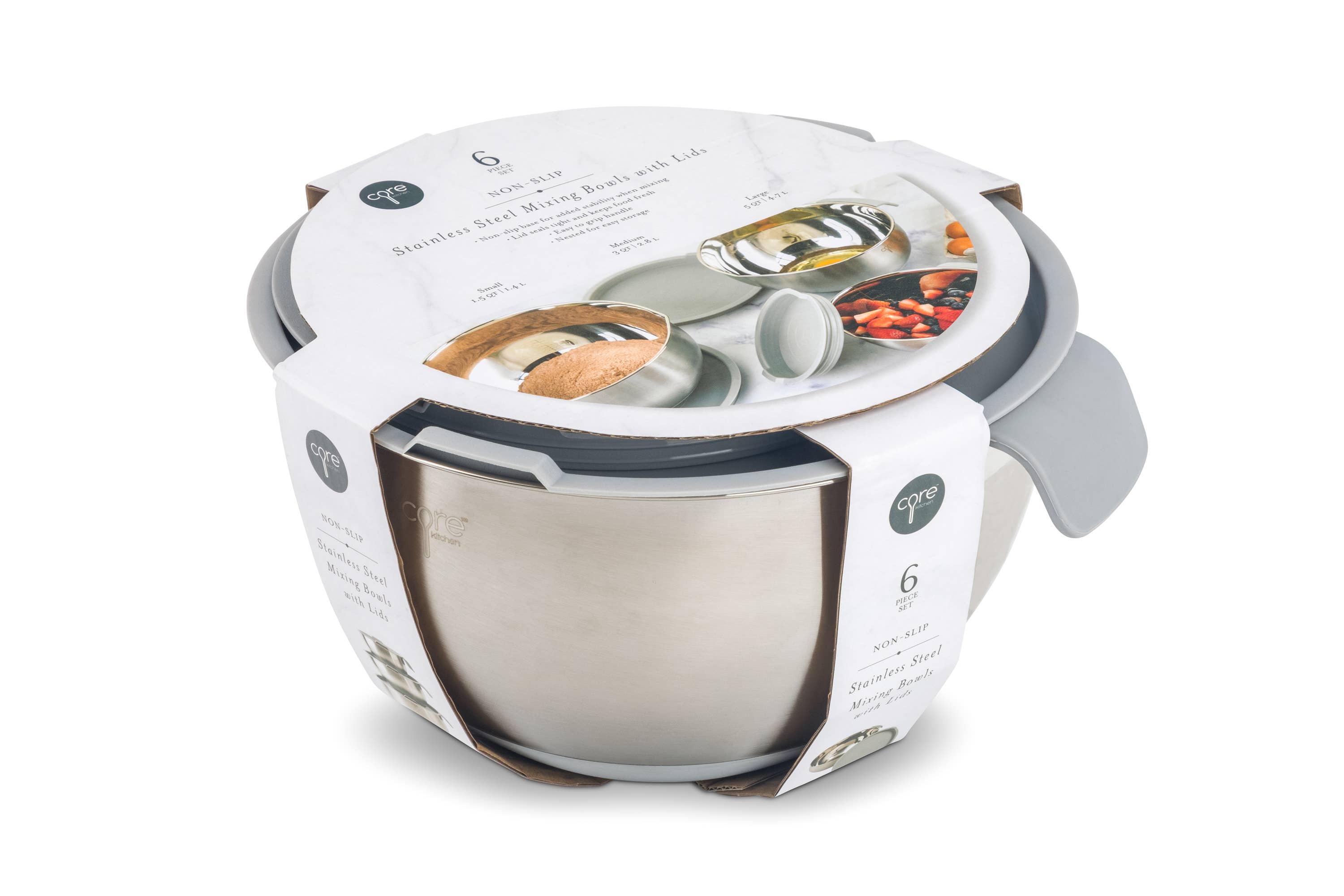 Core Home - Wholesale Mixing Bowl - 6pc Essentials Non-Skid SS Mixing Bowls w/ Lids Set3