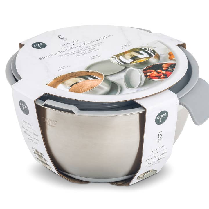 Core Home - Wholesale Mixing Bowl - 6pc Essentials Non-Skid SS Mixing Bowls w/ Lids Set3
