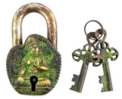 GREENROOTS USA LLC - Wholesale Decorative Tabletop Object - Goddess Tara Tibetan Antique Lock - 2.5"W, 4"H