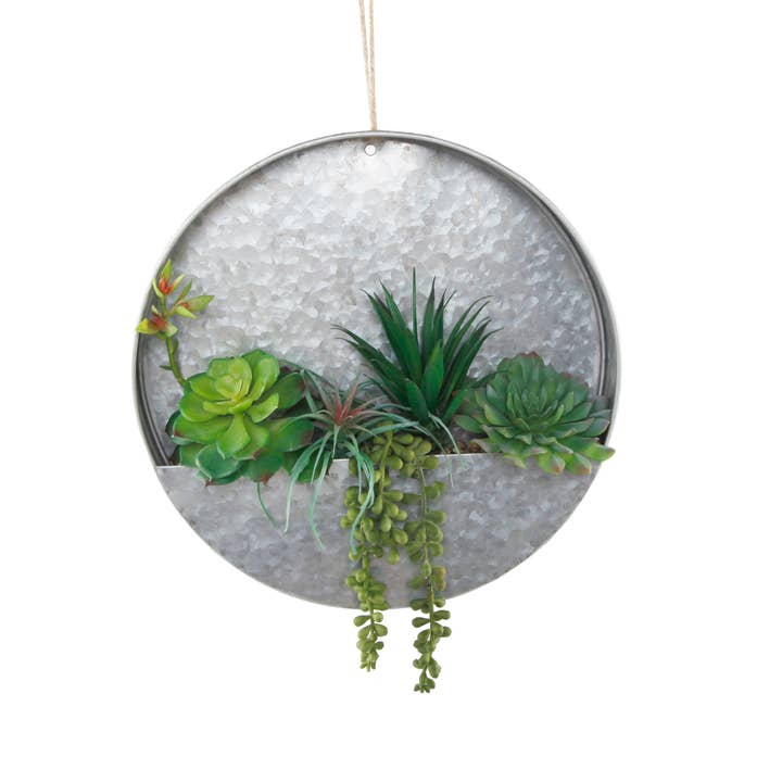 12" Round Galvanized Wall Decor with Faux Succulents for wholesale by Flora Bunda Inc
