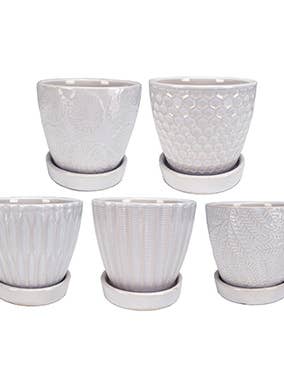 White Textured Mini Planter Set (5) Item # 13952 for wholesale by Napco
