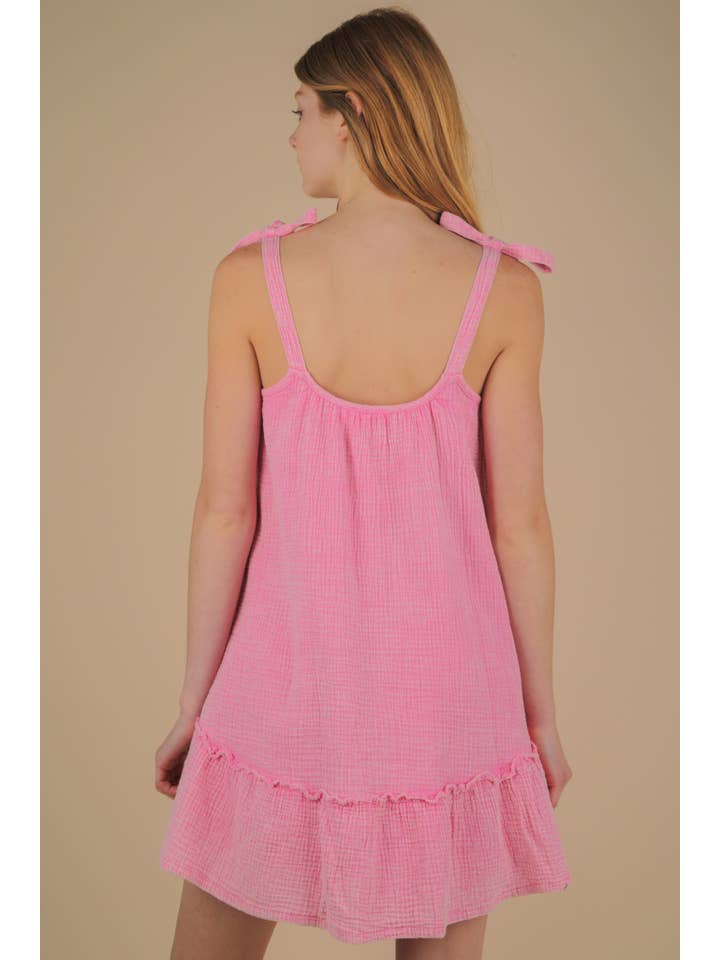 VERY J - Wholesale Dress - Women's - ND31743-Mineral Washed Shoulder Tie Mini Dress