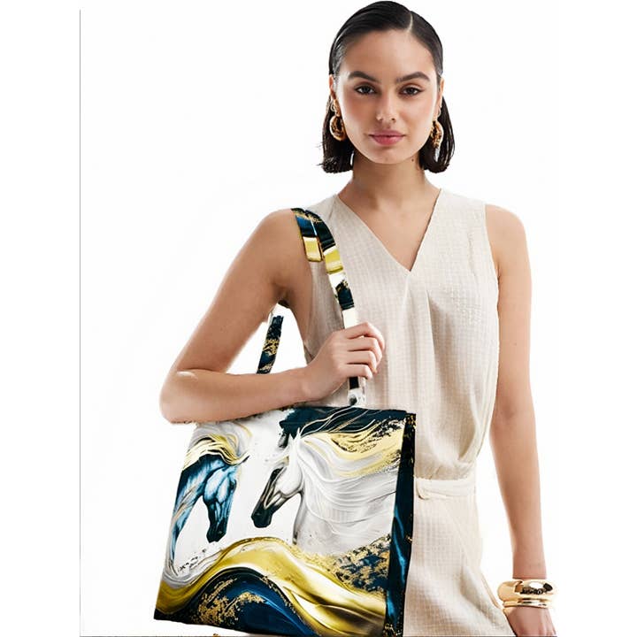JC Sunny Fashion - Wholesale Tote Bag - Women's - Blue & Gold Horses Premium Shoulder Bag