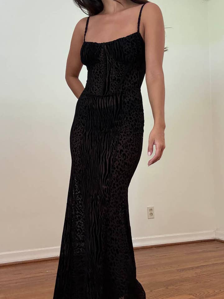 Black Burnout Velvet Corset Maxi for wholesale on Faire