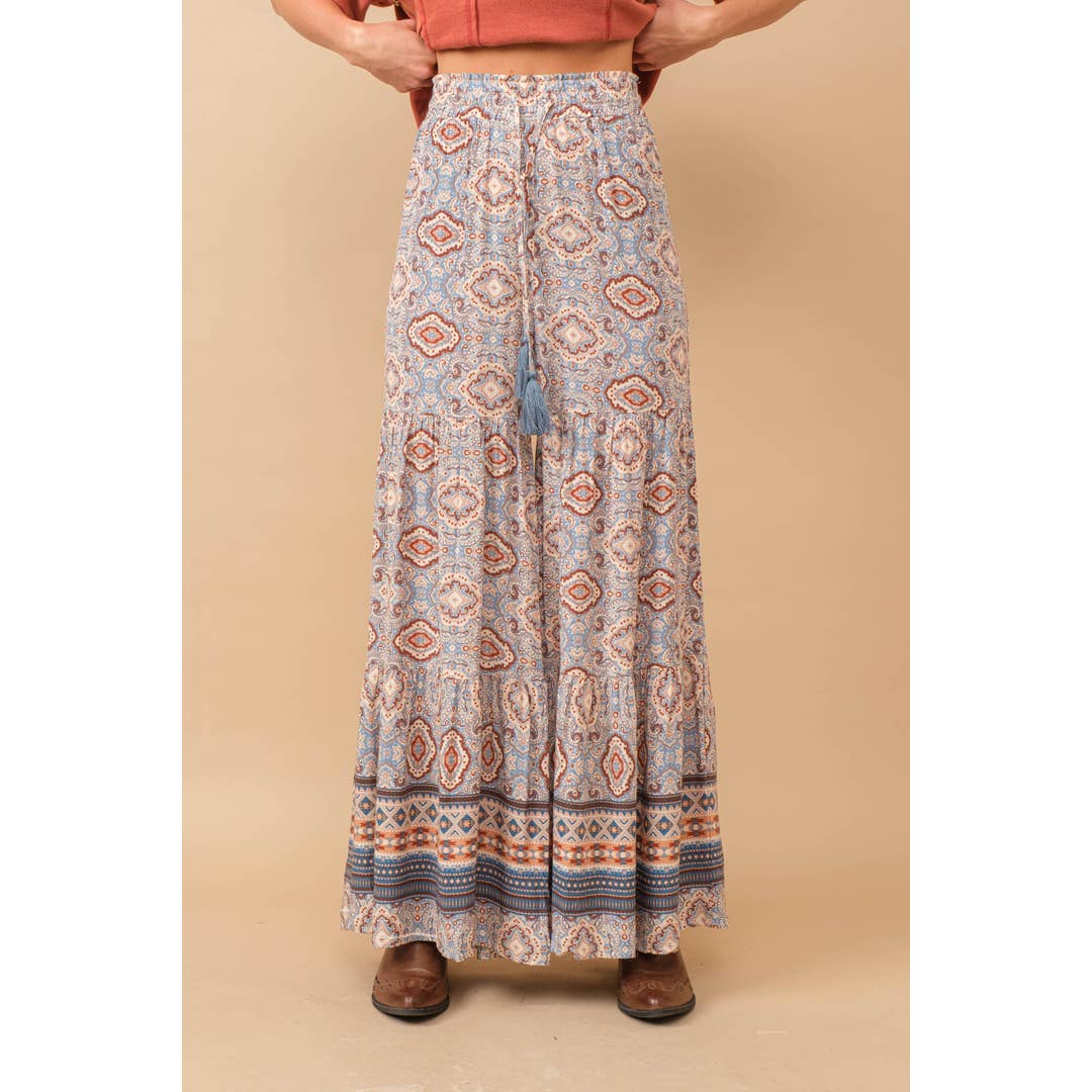 Blue B - Wholesale Pants - Women's - 34420P - Aztec Geo Block Pattern Tiered Wide Pants