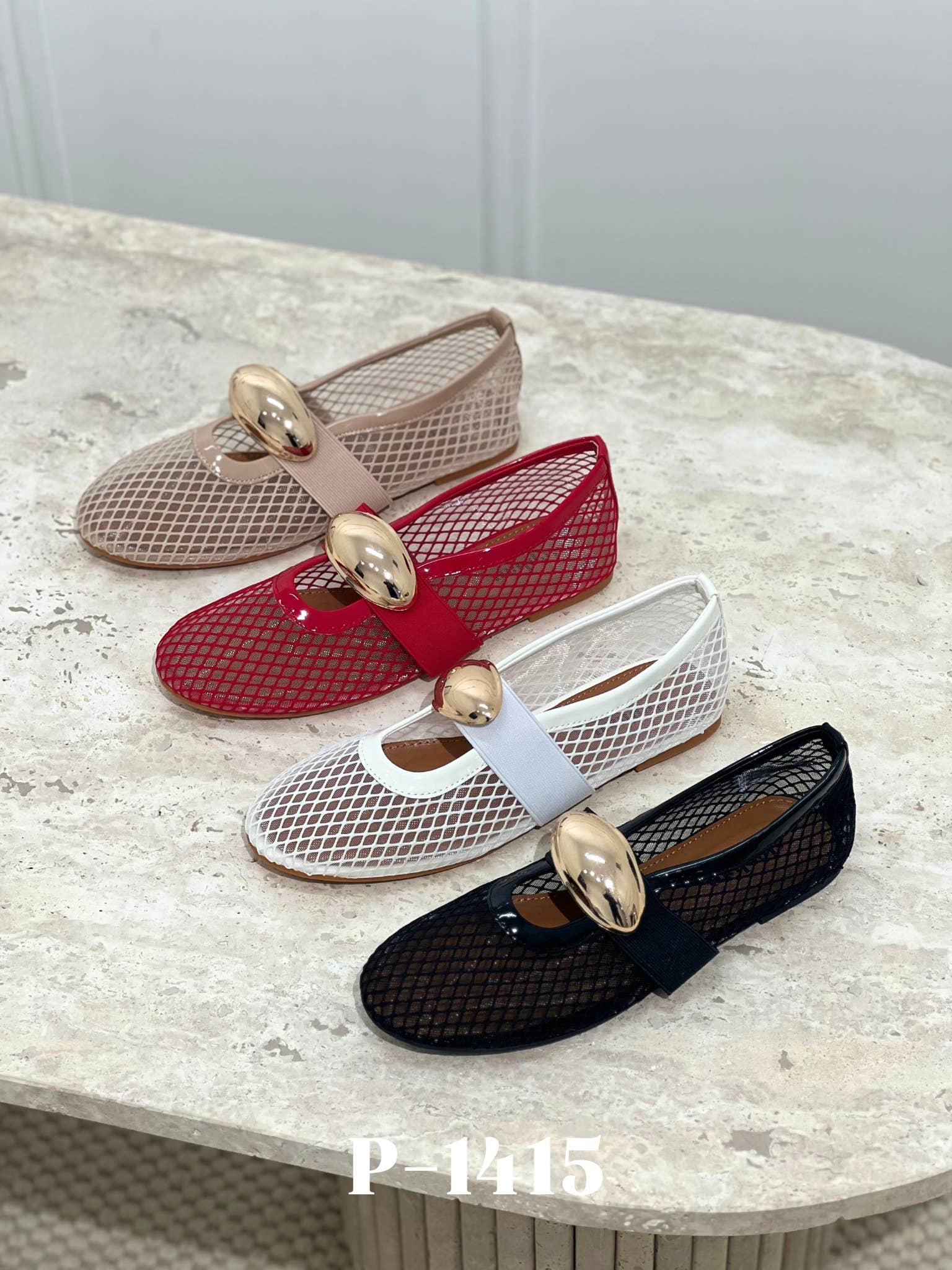 Stephan Paris - Wholesale Flats - Women's - Mesh ballet flats with gold ornament P-14154